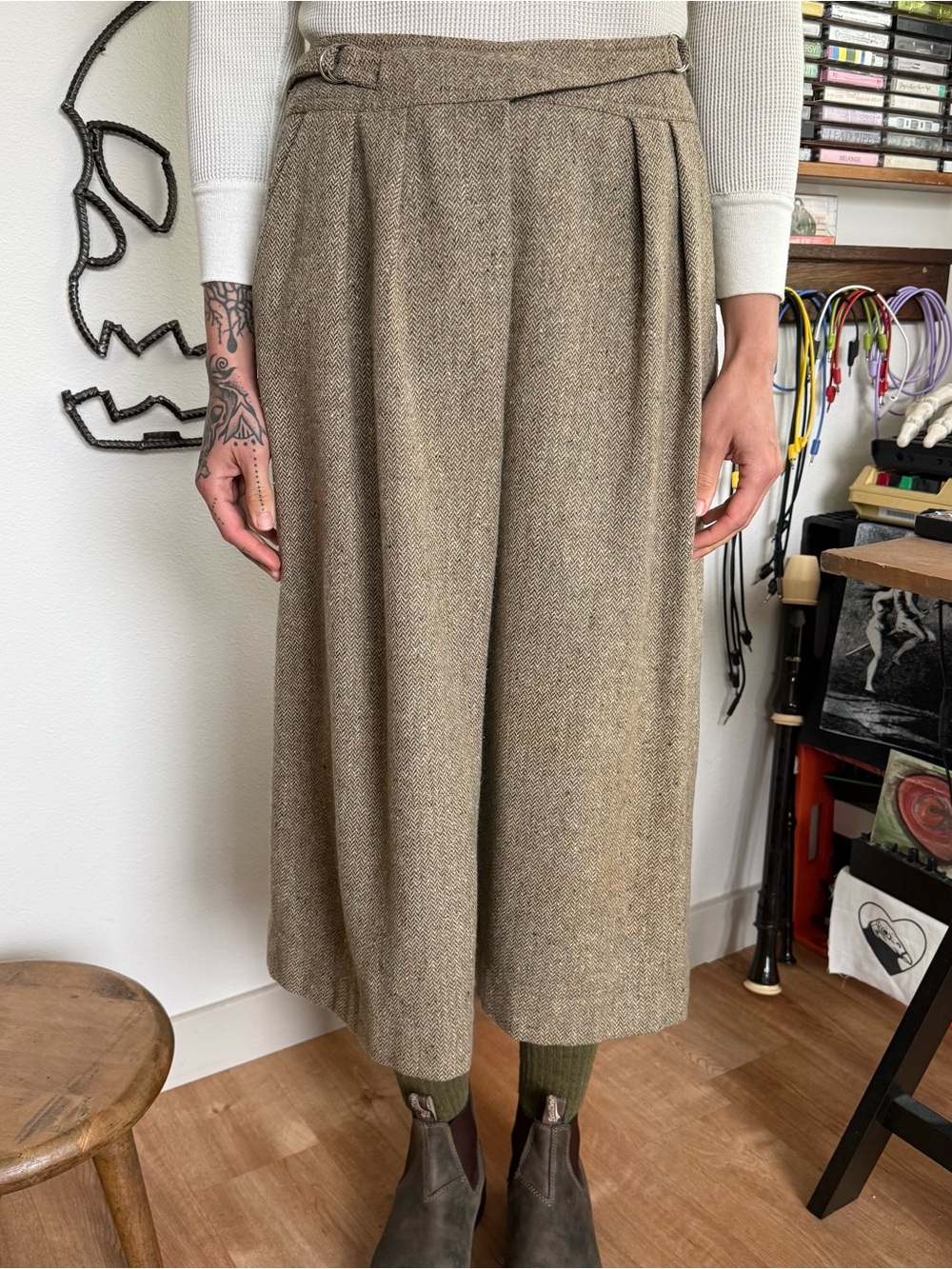 Vintage 70s 80s Tweed Wool Adjustable Pleated Midi Skirt Norma Todd ~ Size Small
